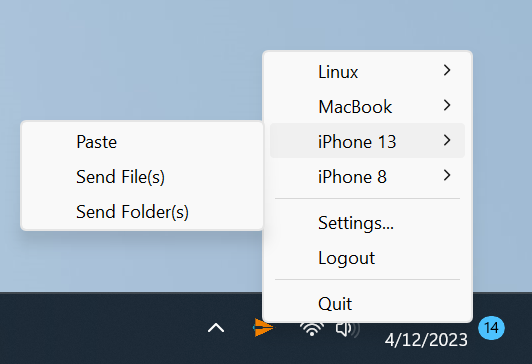 Screenshot of the EasyDrop Windows taskbar icon and menu